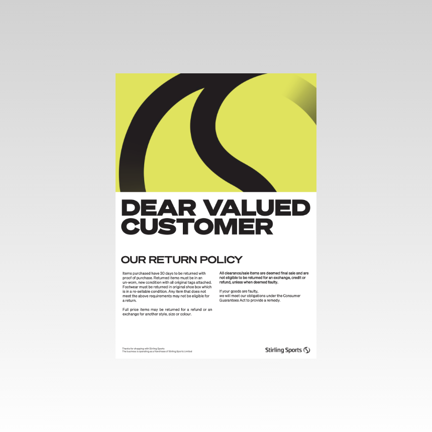 Returns Policy A4 Strut Card